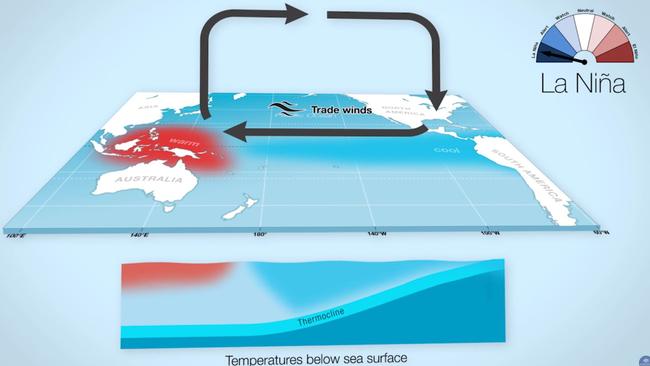 During a La Nina event, equatorial Pacific waters cool and trade winds increase. Picture: Bureau of Meteorology