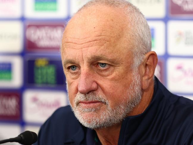 GOLD COAST, AUSTRALIA - SEPTEMBER 05: Australian Head Coach Graham Arnold speaks to the media after the round three 2026 FIFA World Cup AFC Asian Qualifier match between Australia Socceroos and Bahrain at Robina Stadium on September 05, 2024 in Gold Coast, Australia. (Photo by Chris Hyde/Getty Images)