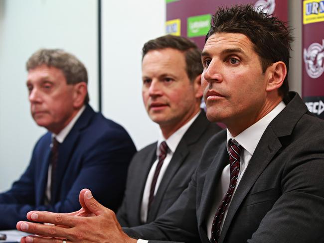 16/11/17 sea Eagles new CEO Lyall Gorman, Chairman Scott Penn and coach Trent Barrett  speaking during a press conference at their Narrabeen headquarters. Adam Yip / Manly Daily