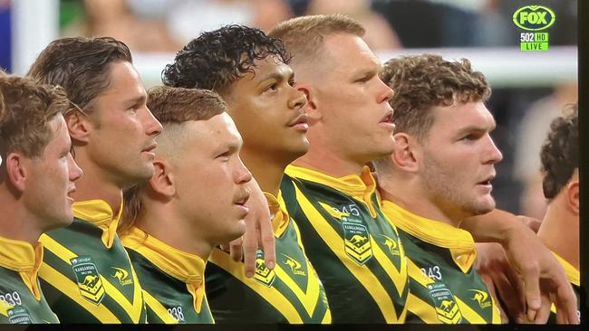 Selwyn Cobbo (centre) was one of four players to not sing the anthem. Picture: Fox League