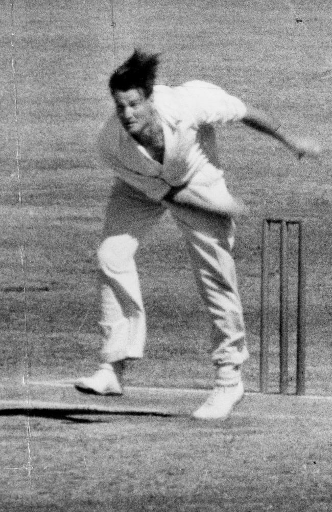 The charismatic Keith Miller in action at the Adelaide Oval in The Ashes Fourth Test match in February 1955.