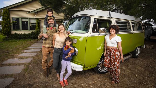 George and Alyce Gorgievski, and their kids Mae and Kim, have ‘adopted’ backpacker Tanya Poujois. Picture: Nicole Cleary