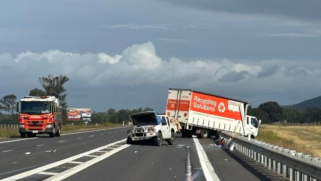 The Bruce Hwy was cut in both directions near Maryborough and the rescue helicopter called out following a serious crash between a truck and car on Thursday, July 4, 2024.