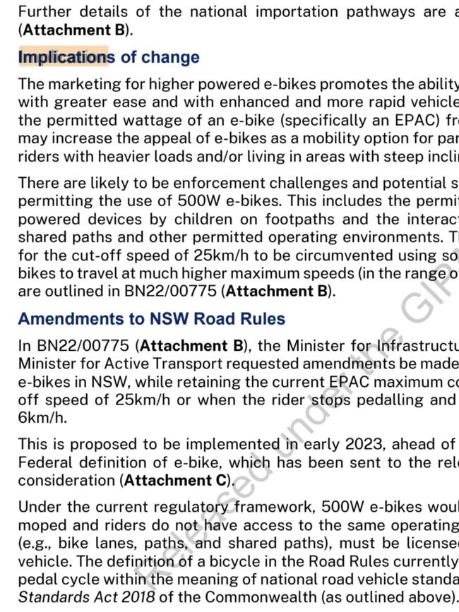 Some of the FOI documents obtained by Pedestrian Council's Harold Scruby about the change to NSW laws allowing e-bikes to power up from 250 watts to 500 watts.