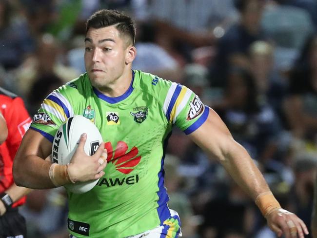 Nick Cotric of the Raiders during the Round 8 NRL match between the North Queensland Cowboys and the Canberra Raiders at 1300SMILES Stadium in Townsville, Saturday, April 28, 2018. (AAP Image/Michael Chambers) NO ARCHIVING, EDITORIAL USE ONLY