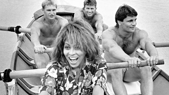 Singer Tina Turner with players Allan Langer, Andrew Ettingshausen and Wayne Pearce during filming of the 'Simply the Best' advertising campaign for the 1990 season.
