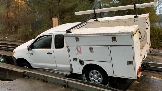 Police found this ute on the O-Bahn tracks at Modbury on Saturday morning. Photo: SA Police.