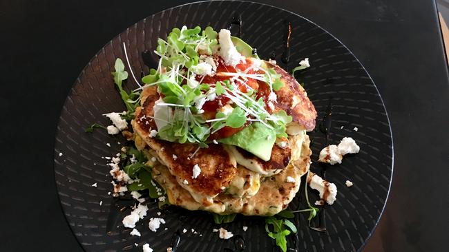 Butcher Baker Coffeemaker, Woody Point, Redcliffe, Zucchini and Corn Fritter Stack Picture: Belinda Seeney