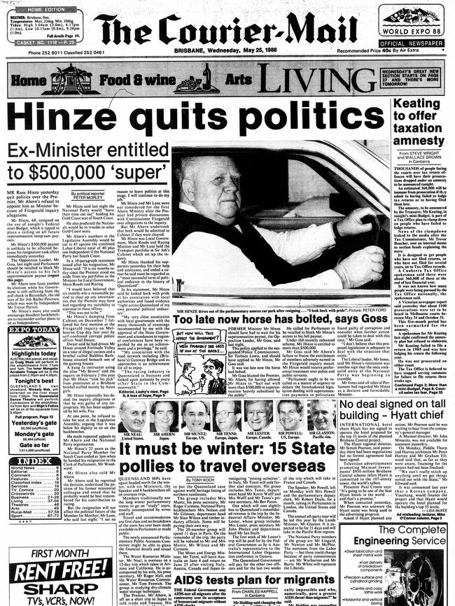 'Hinze quits politics'.