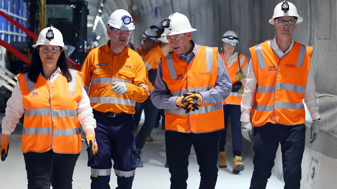 Queensland Deputy Premier Cameron Dick, State Development and Infrastructure Minister Grace Grace, and Transport and Main Roads Minister Bart Mellish during an underground visit to the Cross River Rail project in Brisbane. Picture: NCA NewsWire/Tertius Pickard