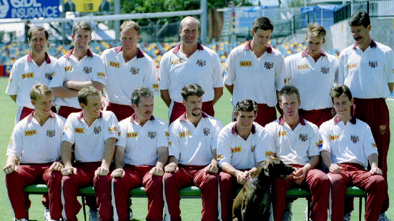 Members of Queensland Sheffield Shield team (The Bulls), which won their first ever shield - (top L-R) Physio Lindsay Trigar, Martin Love, Dirk Tazelaar, Carl Rackermann, Michael Kasprowicz, Matthew Hayden &amp; coach John Buchanan; (front L-R) Andrew Bichel, Wade Seccombe, Allan Border, Stuart Law, Jimmy (Jim) Maher, Trevor Barsby &amp; Paul Jackson.