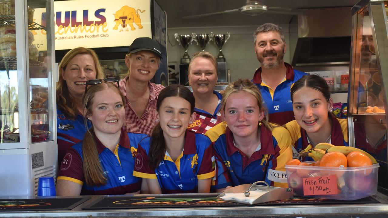 The canteen crew (back row, from left) Annette Hodgens, Tricia Williams, Jo Rabbis, Damion Rabbis and (front row) Sofie Williams, Georgia Menzies, Stevie Keogh and Lily McDonald at the AFL Capricornia senior grand final day at Stenlake Park, Rockhampton, on August 31, 2024.