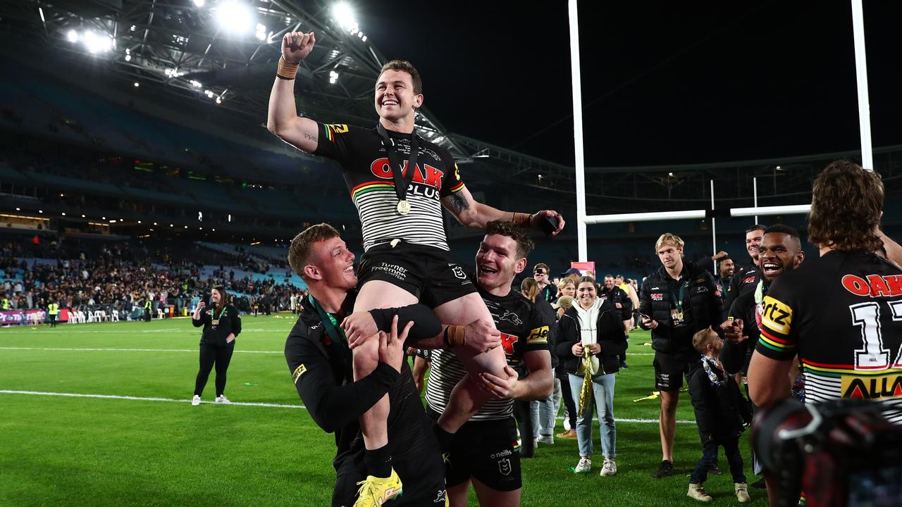 Dylan Edwards celebrates after the NRL grand final. Picture: NRL Photos / Brett Costello