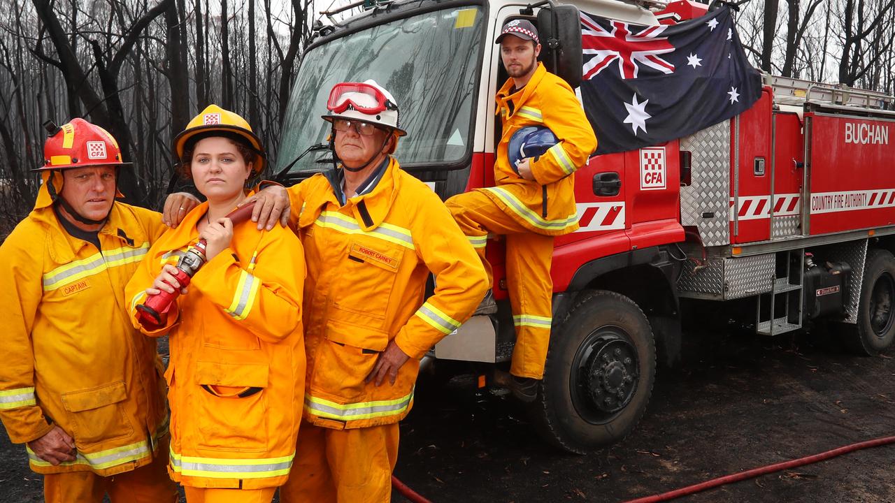 Buchan CFA captain Peter While, Jess White, Bob Carney and Daniel White on their truck in Buchan South. Picture: Alex Coppel.