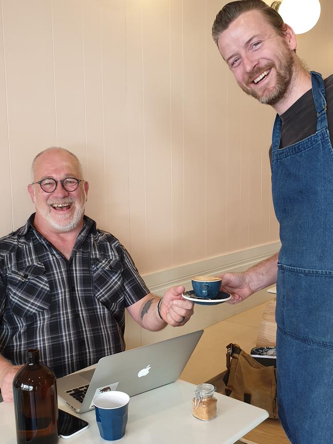 Lenny Marks shares a laugh with Frankly My Dear Coffees’ Dylan Johnson. Photo: Isabell Petrinic