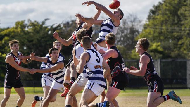 MPNFL: Pearcedale’s Dylan Hipworth cops a falcon. Picture: Valeriu Campan