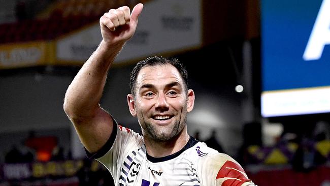 BRISBANE, AUSTRALIA - JULY 24: Cameron Smith of the Storm waves to fans as he celebrates victory after the round 11 NRL match between the Brisbane Broncos and the Melbourne Storm at Suncorp Stadium on July 24, 2020 in Brisbane, Australia. (Photo by Bradley Kanaris/Getty Images)