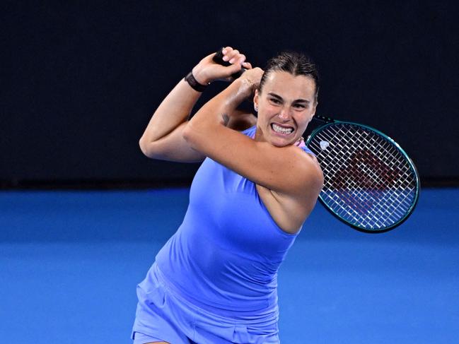 Belarus' Aryna Sabalenka hits a return to Czech Republic's Marie Bouzkova during their women's singles quarter-final match at the Brisbane International. Picture: AFP