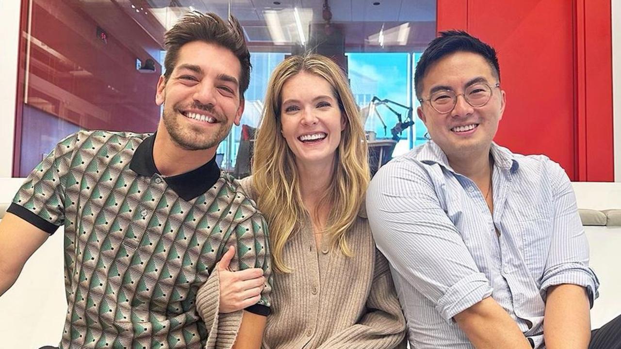 Las Culturistas hosts Matt Rogers (left) and Bowen Yang with fellow nominee Meghann Fahy.