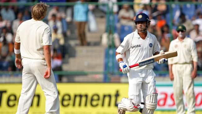 Shane Watson (L) and Gautam Gambhir eye each other off after an earlier clash during the first day of the Australia v India third test at the Feroz Shah Kotla Stadium in Delhi.