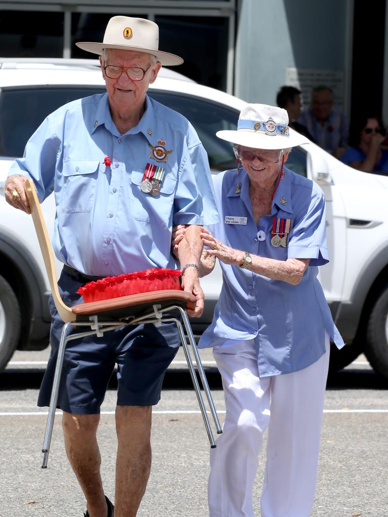 War veterans Neville O'Brien and Val Veivers at the Remembrance Day commemorations at the Cairns Cenotaph PICTURE: ANNA ROGERS