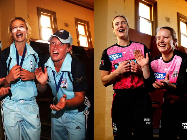 **FOR SUNDAY PAPER** - Legendary Australian cricketers Ellyse Perry and Alyssa Healy of the Sydney Sixers re-enacting ( a Phil Hillyard picture ) of their NSW Breakers victory song from January 25th, 2009 back in the Sydney Cricket Ground dressing rooms ahead of their WBBL match to be played at the SCG on the 26th of November. Photo by Phil Hillyard(Image Supplied for Editorial Use only - **NO ON SALES** - Â©Phil Hillyard )