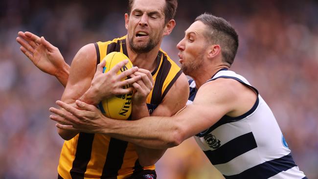 Luke Hodge will be hoping to lead the charge as an improved Hawthorn takes on Harry Taylor and the Cats next weekend. Picture: Michael Klein