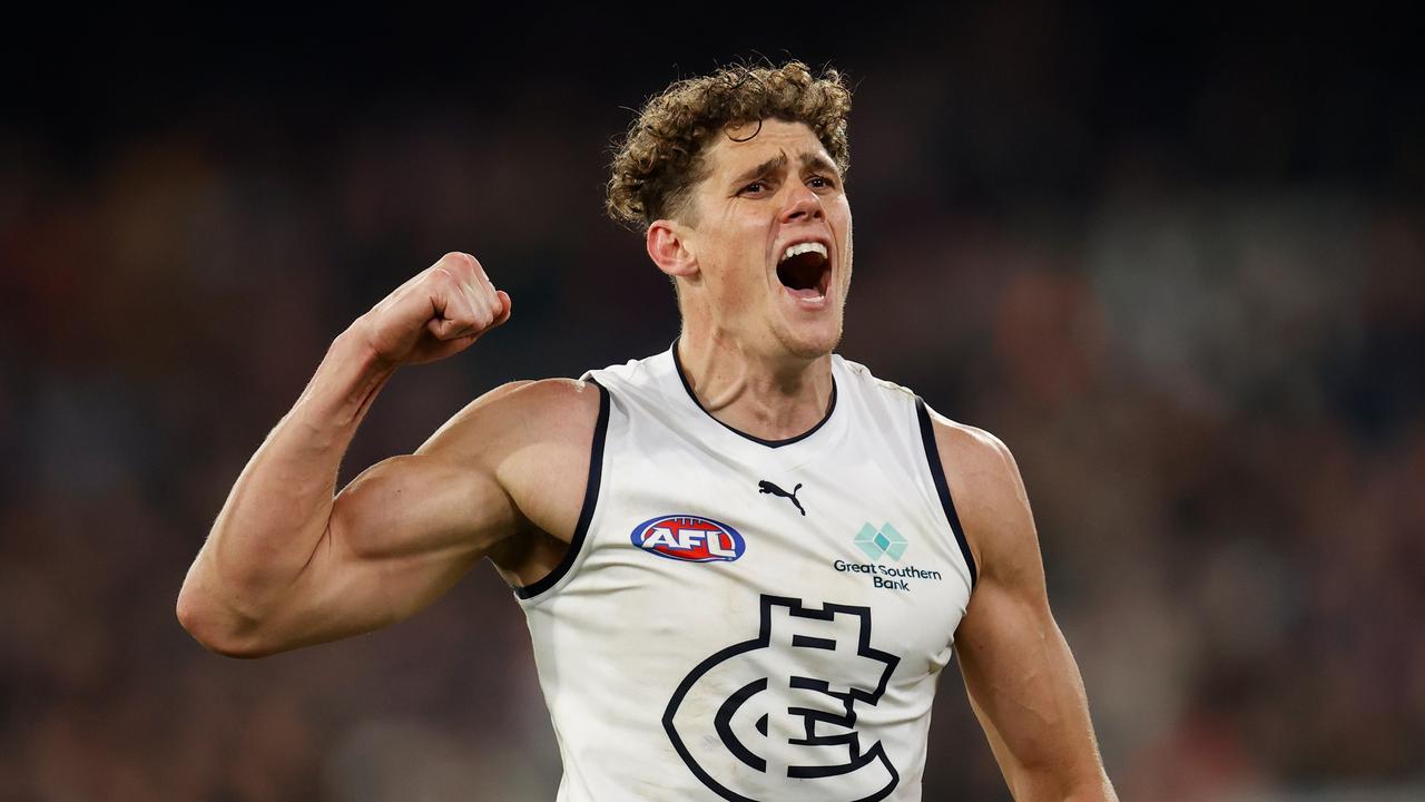 Charlie Curnow celebrates one of his 64 goals. Picture: Michael Willson/AFL Photos via Getty Images