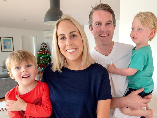 Father-of-two Tom Moloney, 35, his wife Shanelle, 33, and two children George, 4, and Max, 2, recently refinanced their home loan to get a better deal.Picture: Jay Town