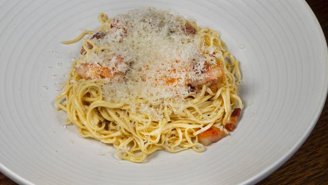 Rich and rewarding: the angel hair pasta with pancetta and yolk. Picture: Rob Leeson.