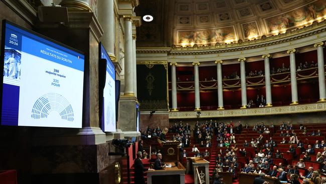 This photograph shows the result of the no-confidence vote on Prime Minister Michel Barnier's administration displayed on a sceen at the National Assembly in Paris.