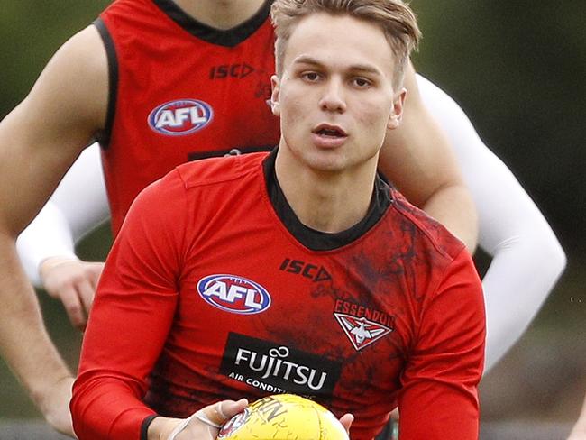 Dylan Clarke in action during an Essendon Football Club training session at the Hangar in Melbourne, Wednesday, May 16, 2018.  (AAP Image/Daniel Pockett) NO ARCHIVING