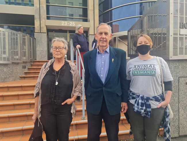 Karen Weldrick, Bob Brown and Kristy Algar outside the Hobart Magistrates Court. Picture: Amber Wilson