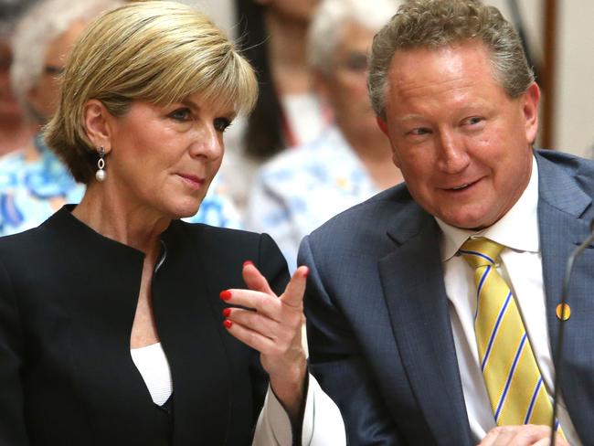 Foreign Affairs Minister Julie Bishop and Chairman of the Global Freedom Network, AndrewForrest at an event to mark the International Day for the Abolition of Slavery, the Australian Freedom Network was launched at Parliament House in Canberra. The Australian Freedom Network brings together faith communities making a firm commitment to practical actions to tackle modern slavery in Australia. Having been inspired by global faith leaders, Australian faith leaders signed the same Joint Declaration of Religious Leaders Against Modern Slavery signed last year in Vatican City at the launch of the Global Freedom Network.