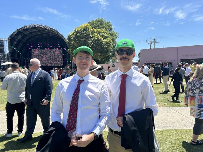 Liam Gleeson and Hugo Fayonn enjoying the Melbourne Cup. Picture: Oscar Jaeger