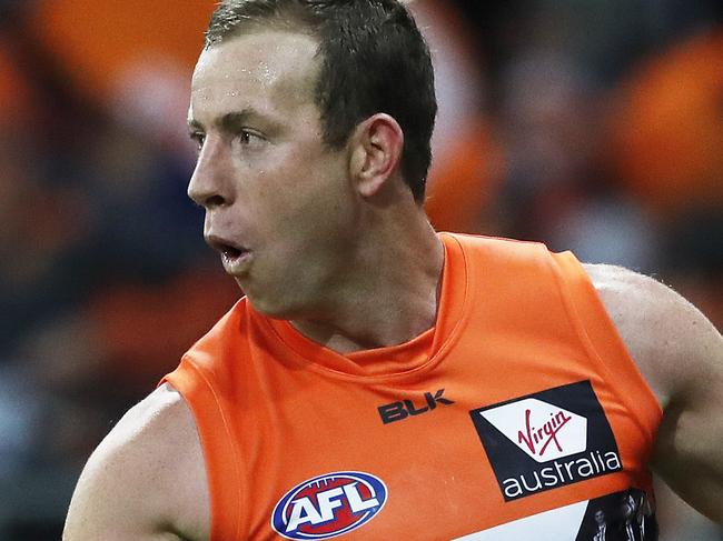 Giants Steve Johnson celebrates his last quarter goal during AFL match GWS Giants v Sydney Swans at Spotless Stadium. Picture. Phil Hillyard
