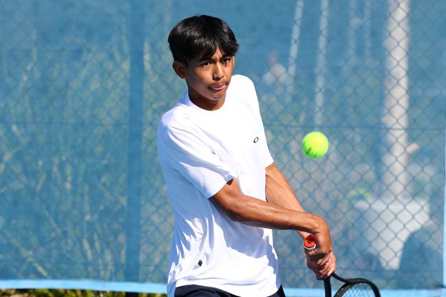 Action from the International Tennis Federation junior tournament at KDV on the Gold Coast. Picture: Tertius Pickard