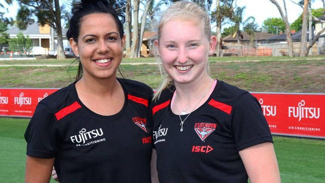 Michaela Long and Stephanie Hird train with Essendon's women's team. Picture: Essendon FC Facebook