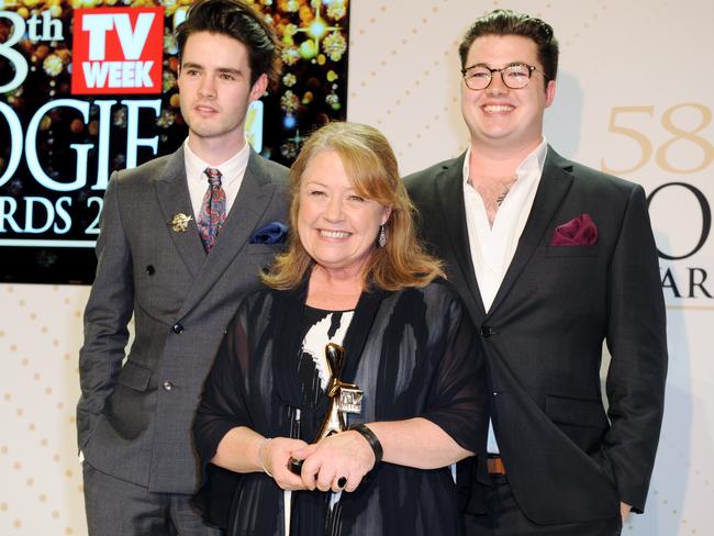 Noni Hazlehurst with her sons William and Charlie at the 2016 Logies. Picture: Joe Castro