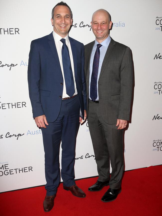 Acting NRL chief executive Andrew Abdo, left, with the man he succeeded, Todd Greenberg. Picture: Richard Dobson