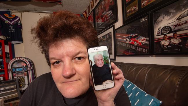 Effie Fotiadis with a picture of her dad Dimitrios Fotiadis who was a St Basil’s coronavirus victim. Picture: Tony Gough