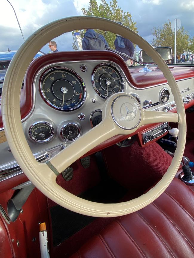 Interior of the rare 1955 Mercedes Benz 300SL gull wing being driven in Targa Tasmania by Queensland father and son Chris and Oscar Bowden. Picture James Bresnehan