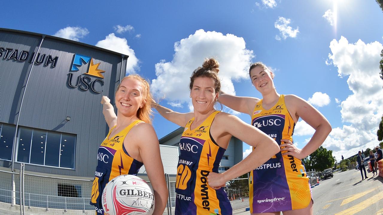 Sunshine Coast Lightning players Madeline McAuliffe, Karla Pretorius and Annika Lee-Jones at the opening of the redeveloped stadium. Picture: Patrick Woods