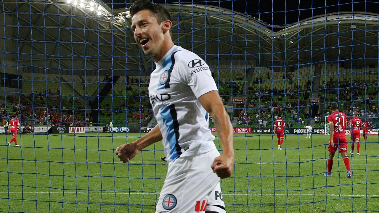 Melbourne City FC v Adelaide United at AAMI park, 27th February Melbourne Australia. Melbourne City's Robert Koren celebrates Josh Kennedy's goal. Picture : George Salpigtidis