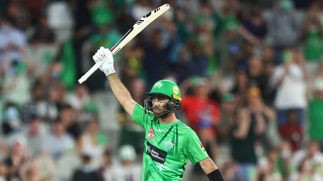 Glenn Maxwell raises his bat after scoring 150 against the Hobart Hurricanes at ­the MCG on January 19, 2022 .Photo: Getty Images