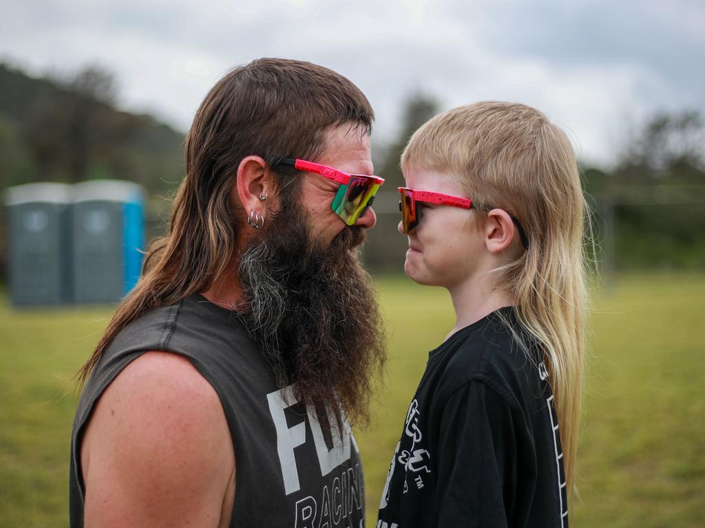 Dan Prior and his son Hunter compete at Mulletfest 2023 in the Hunter Valley. Picture: Roni Bintang/Getty Images
