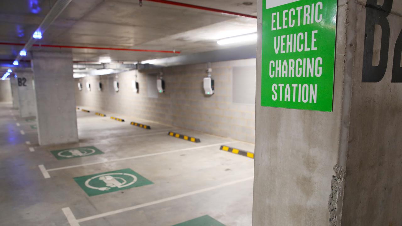 Electric car charging bays at a Queen Victoria underground carpark. Picture: NCA NewsWire / David Crosling