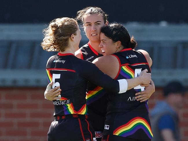 Essendon midfielders (L-R) Georgia Nanscawen, Bonnie Toogood and Madison Prespakis. Picture: Getty Images