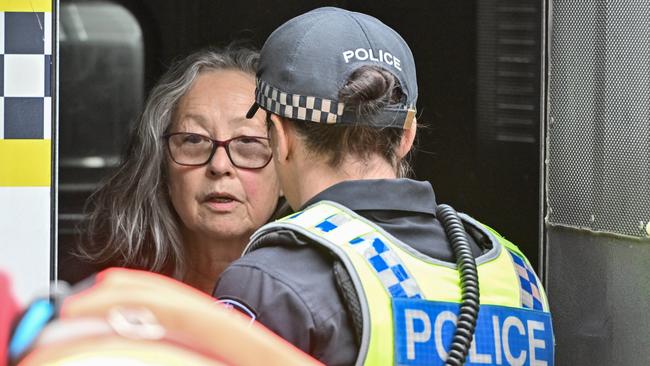 Meme Thorne is arrested after Wednesday morning’s protest. Picture: NCA NewsWire / Brenton Edwards