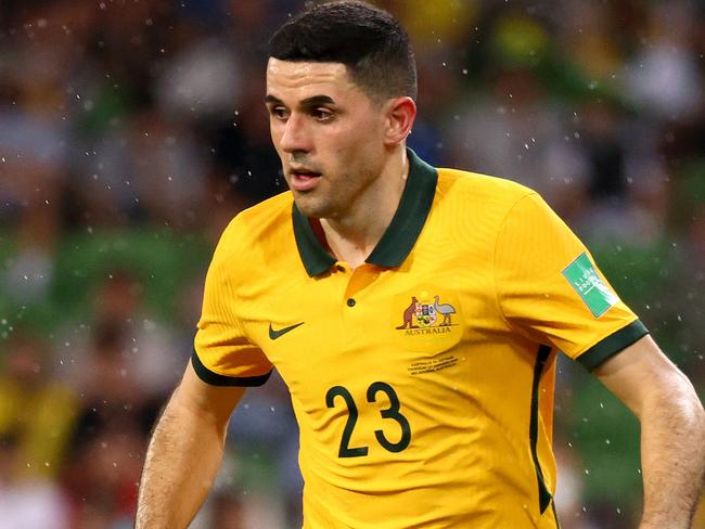 MELBOURNE, AUSTRALIA - JANUARY 27: Tom Rogic of Australia in action during the FIFA World Cup Qatar 2022 AFC Asian Qualifier match between Australia Socceroos and Vietnam at AAMI Park on January 27, 2022 in Melbourne, Australia. (Photo by Jonathan DiMaggio/Getty Images)